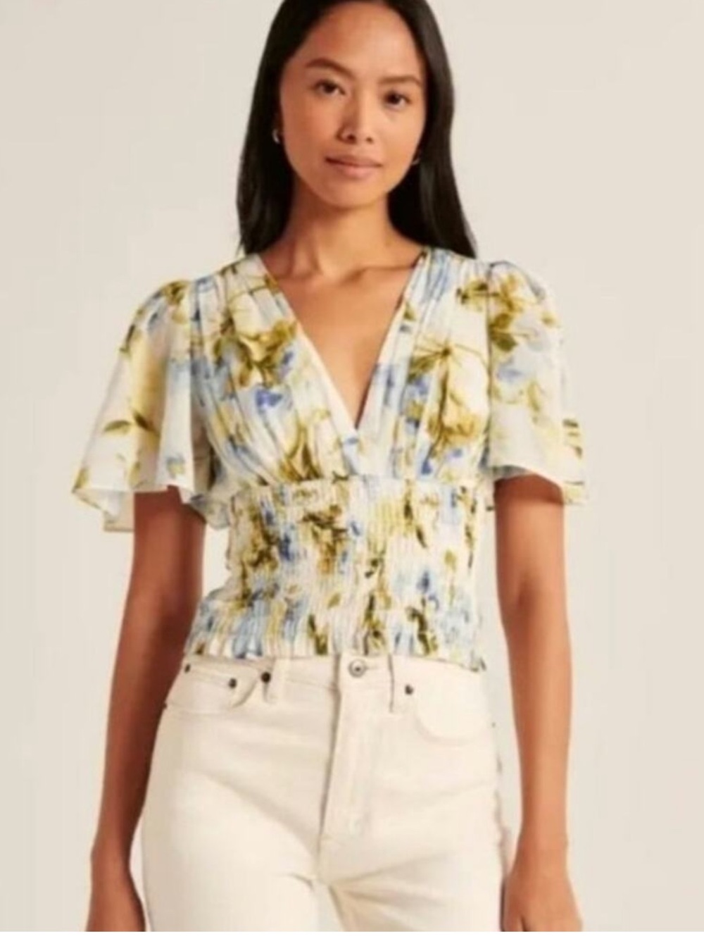 Abercrombie and Fitch floral flutter sleeve smocked waist top